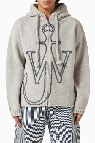 Merino Yünlü Çapa İşlemeli Kapüşonlu Sweatshirt, Gri, Modern ve Sıcak