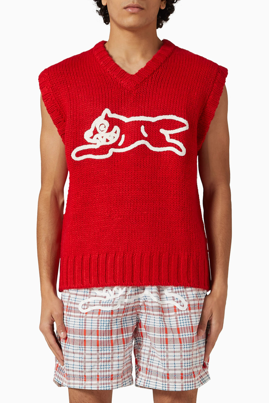 Running Dog Sweater in Wool-blend Kırmızı, Eğlenceli Köpek Motifli V Yaka Kazak Yelek