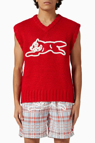 Running Dog Sweater in Wool-blend Kırmızı, Eğlenceli Köpek Motifli V Yaka Kazak Yelek
