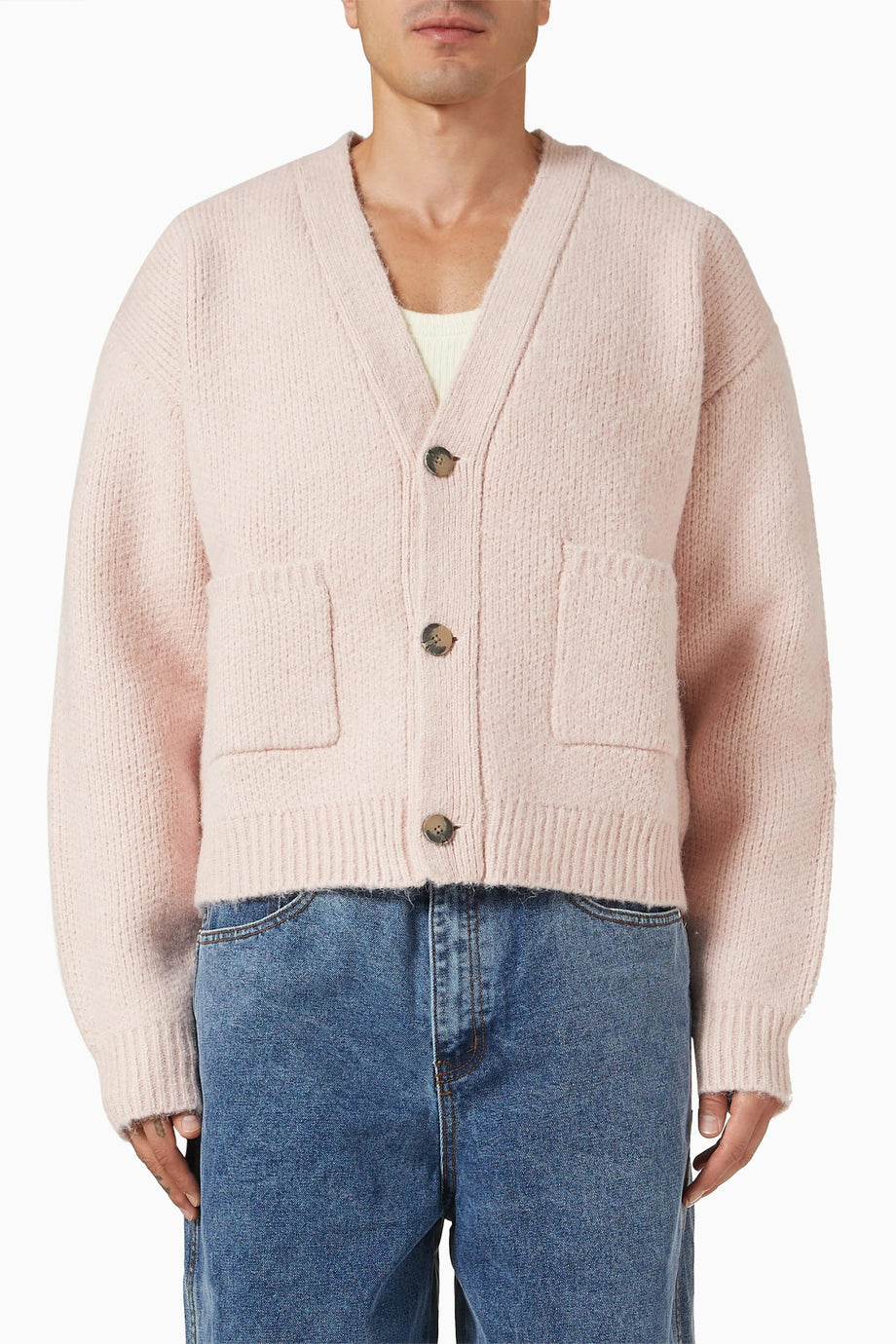 Knitted Cardigan, Pembe V Yakalı Hırka, Yivli Detaylar ve Yama Cepler