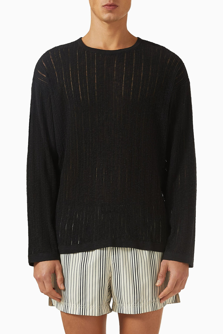 Pointelle Knit Sweater, Siyah Pamuk Keten Delikli Örgü Zarif Kazak