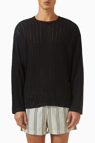 Pointelle Knit Sweater, Siyah Pamuk Keten Delikli Örgü Zarif Kazak