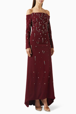 Kırmızı Kristal İşlemeli Off-Shoulder Elbise, Işıltılı Zarafet