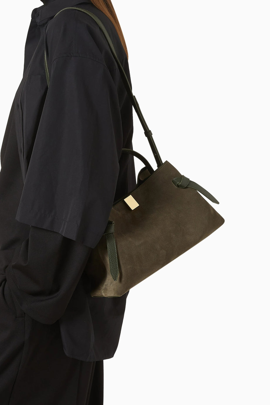 Gyoza Bag İtalyan Süet Çanta, Yeşil, Üst Saplı ve Omuz Askılı