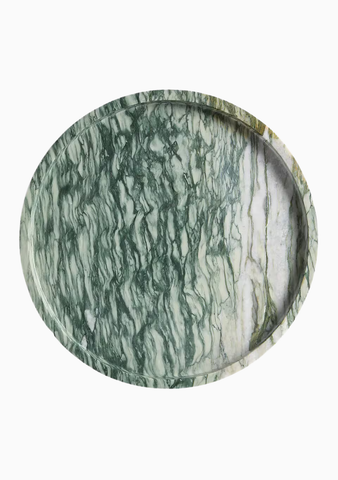 Fern Green Yuvarlak Mermer Tepsi, 12,5” El Oyması Doğal Taş Lüks Sunum Parçası