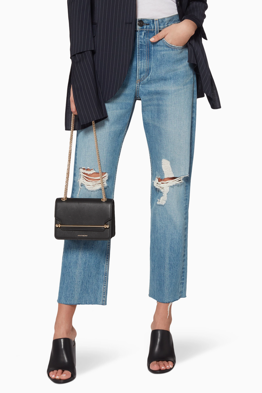 Siyah Mini East/West Çapraz Çanta, Deri & Altın Bar Toka, Kompakt Tasarım