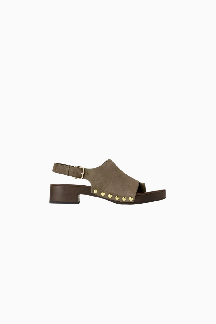 Studded Bej-Khaki Süet, Gold Çivili Tokalı Topuklu Kadın Sandalet