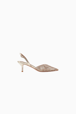 Clivia 50 Crystal Slingback Pumps, Gold PVC-Deri, El İşçiliği Lüks Tasarım