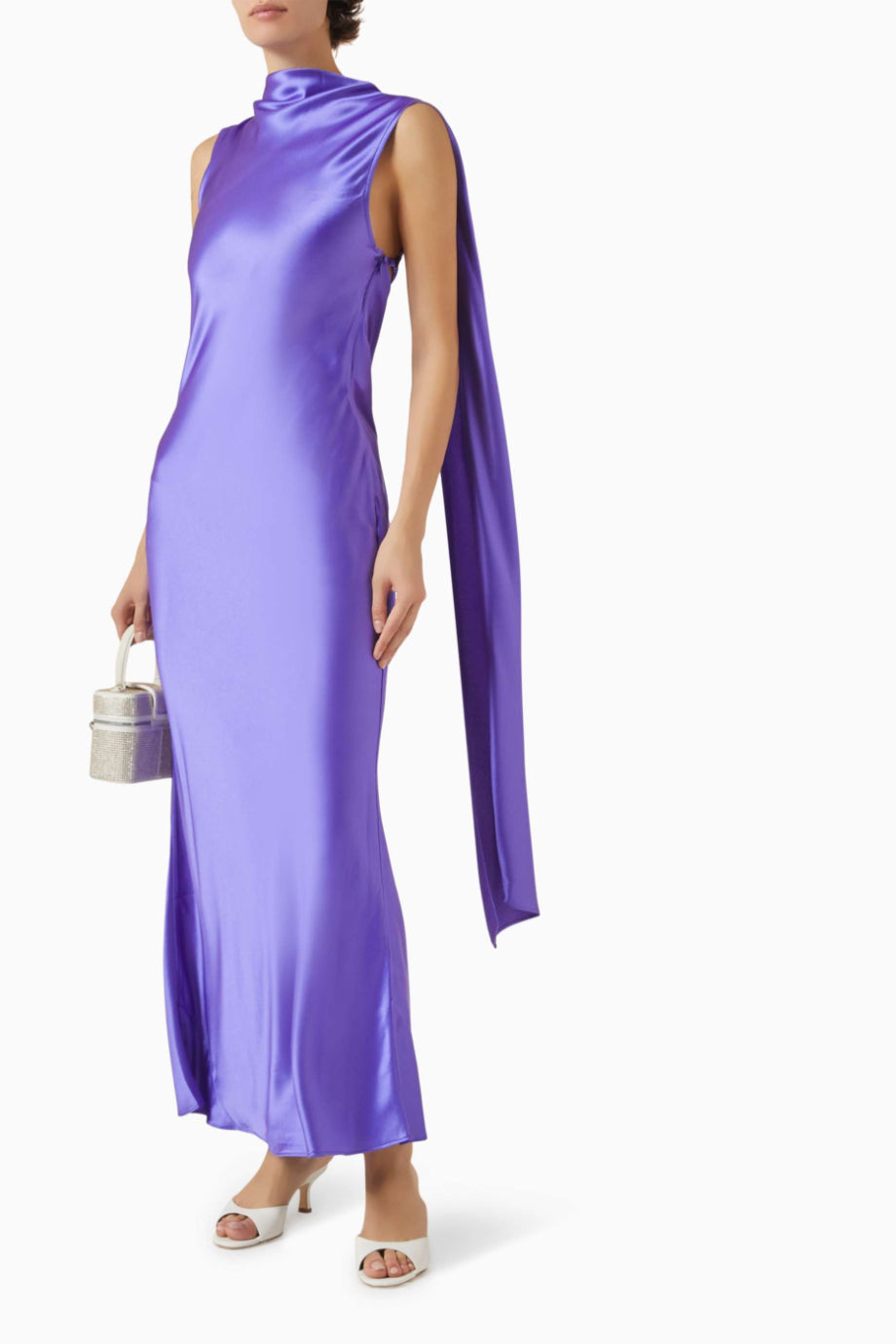 Fleeden Azure Purple Saten Drapeli Kadın Maxi Elbise