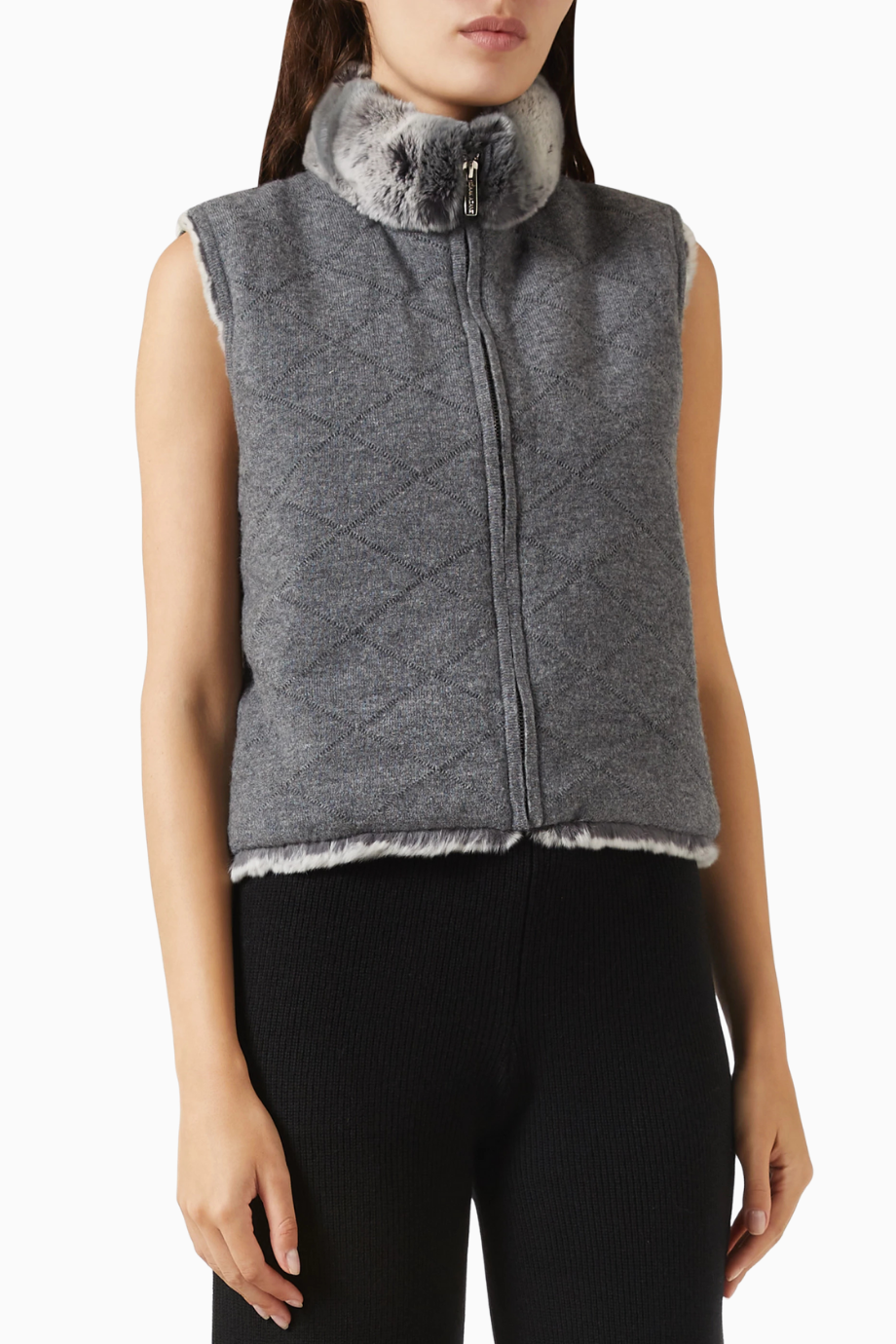 Reversible Gilet Jacket, Gri Şık ve Lüks Kadın Yün-Kaşmir Yelek