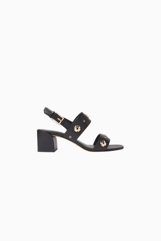 Flower Stud Deri Çiçek Detaylı, Tokalı Kalın Topuklu Sandalet