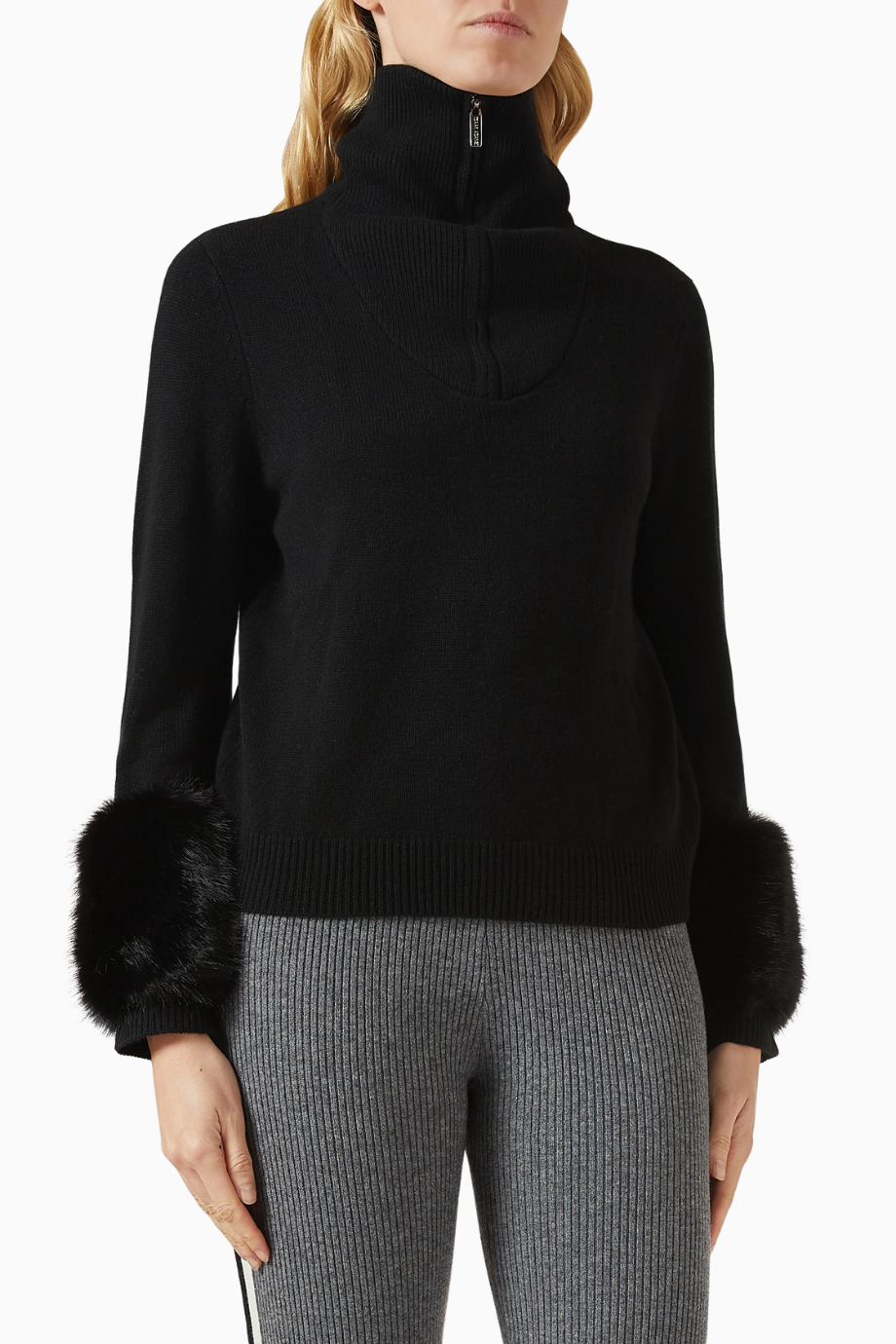 Zip-up Faux Cuff Sweater, Siyah Şık ve Lüks Kadın Yün-Kaşmir Kazak