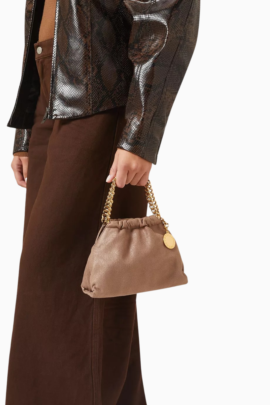 Mini Falabella Bej Renkli, Shaggy Deer Vegan Deri, Çekme İpli Omuz Çantası