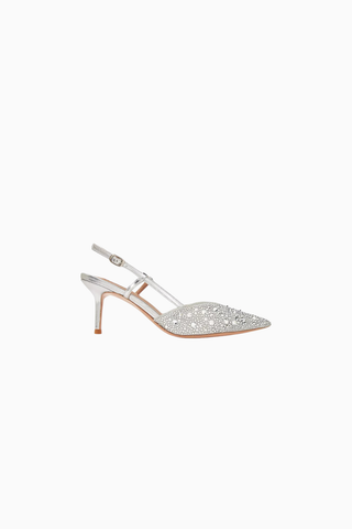 Varese 70 Metalik Deri Slingback Topuklu Ayakkabı,  Kristal İşlemeli Gümüş