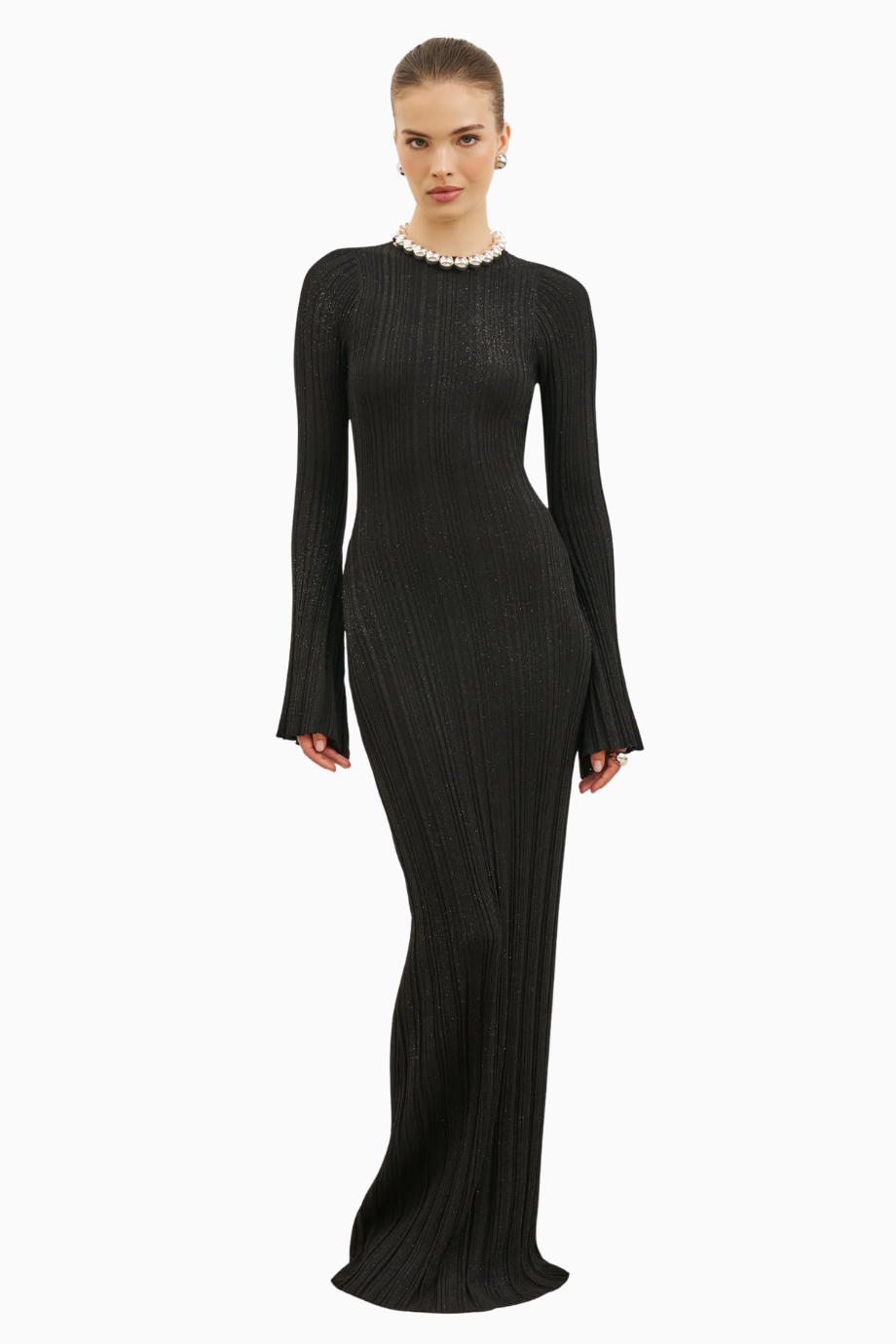 Fine Knit Longsleeve Open Back Maxi Dress Shimmer Ribbed Knit Kadın Elbise