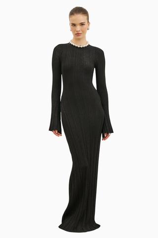 Fine Knit Longsleeve Open Back Maxi Dress Shimmer Ribbed Knit Kadın Elbise