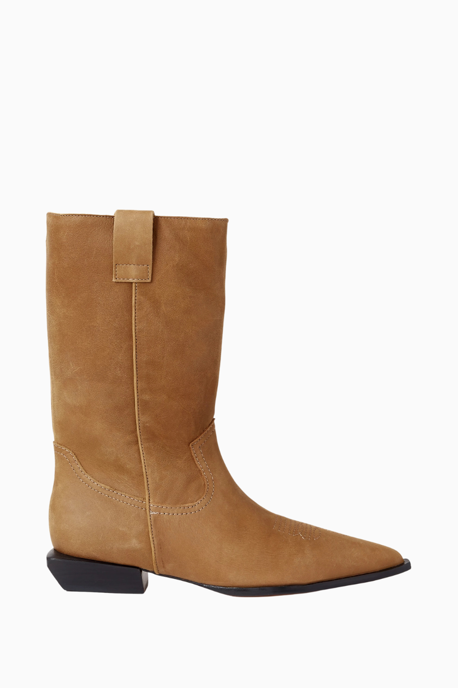 Ashley 30 Kahverengi Deri Western Topstitch, Düşük Blok Topuklu Lüks Bot