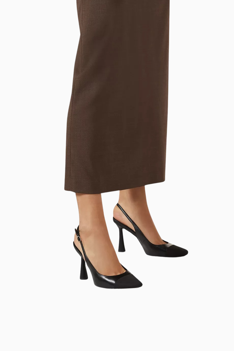 Essa 95 Siyah Deri-Süet Sivri Burun Ayarlanabilir Bantlı Kadın Slingback Topuklu