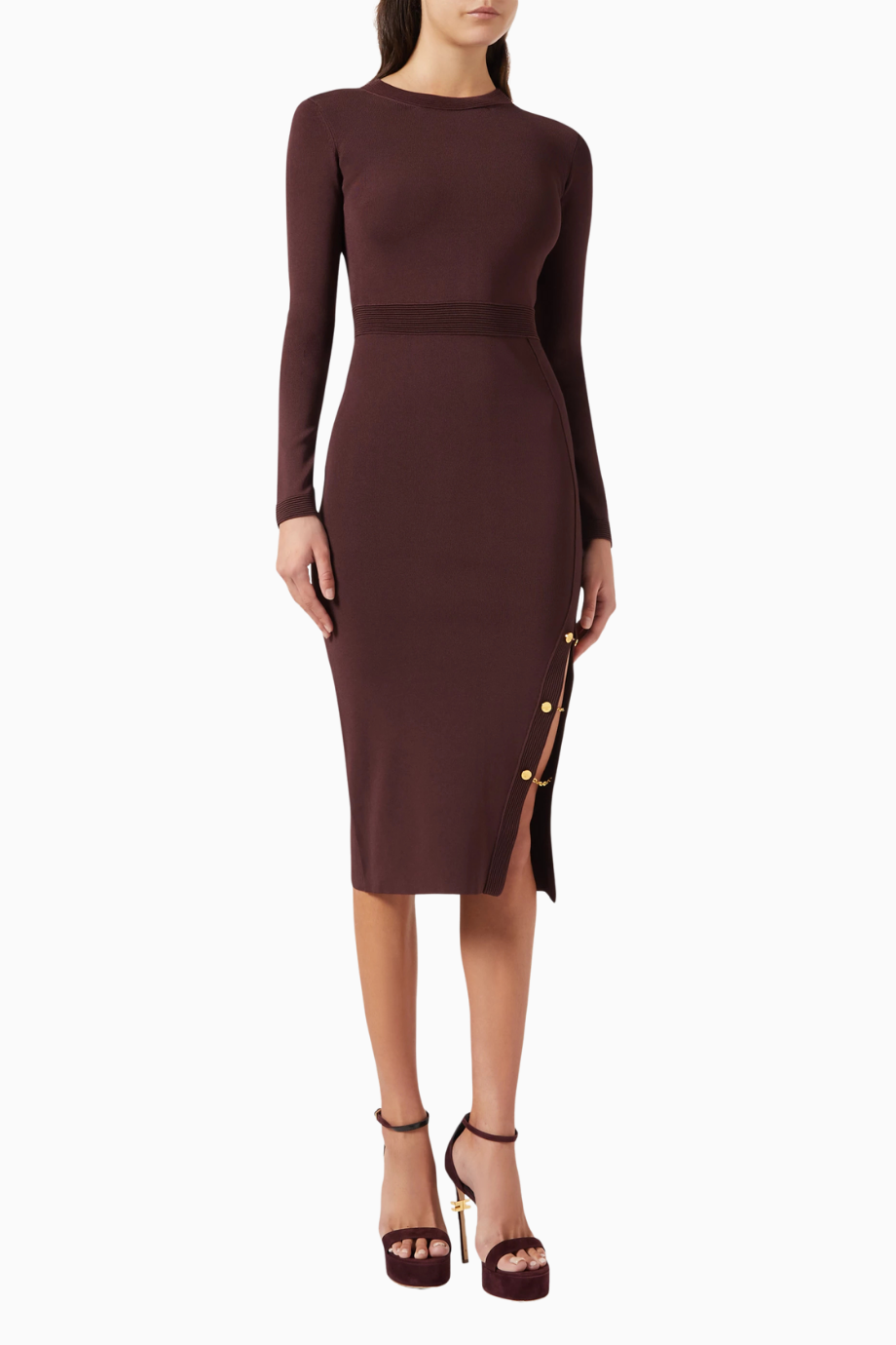 Zincir ve Taş Detaylı Burgundy, Triko Midi Elbise
