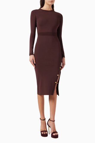 Zincir ve Taş Detaylı Burgundy, Triko Midi Elbise