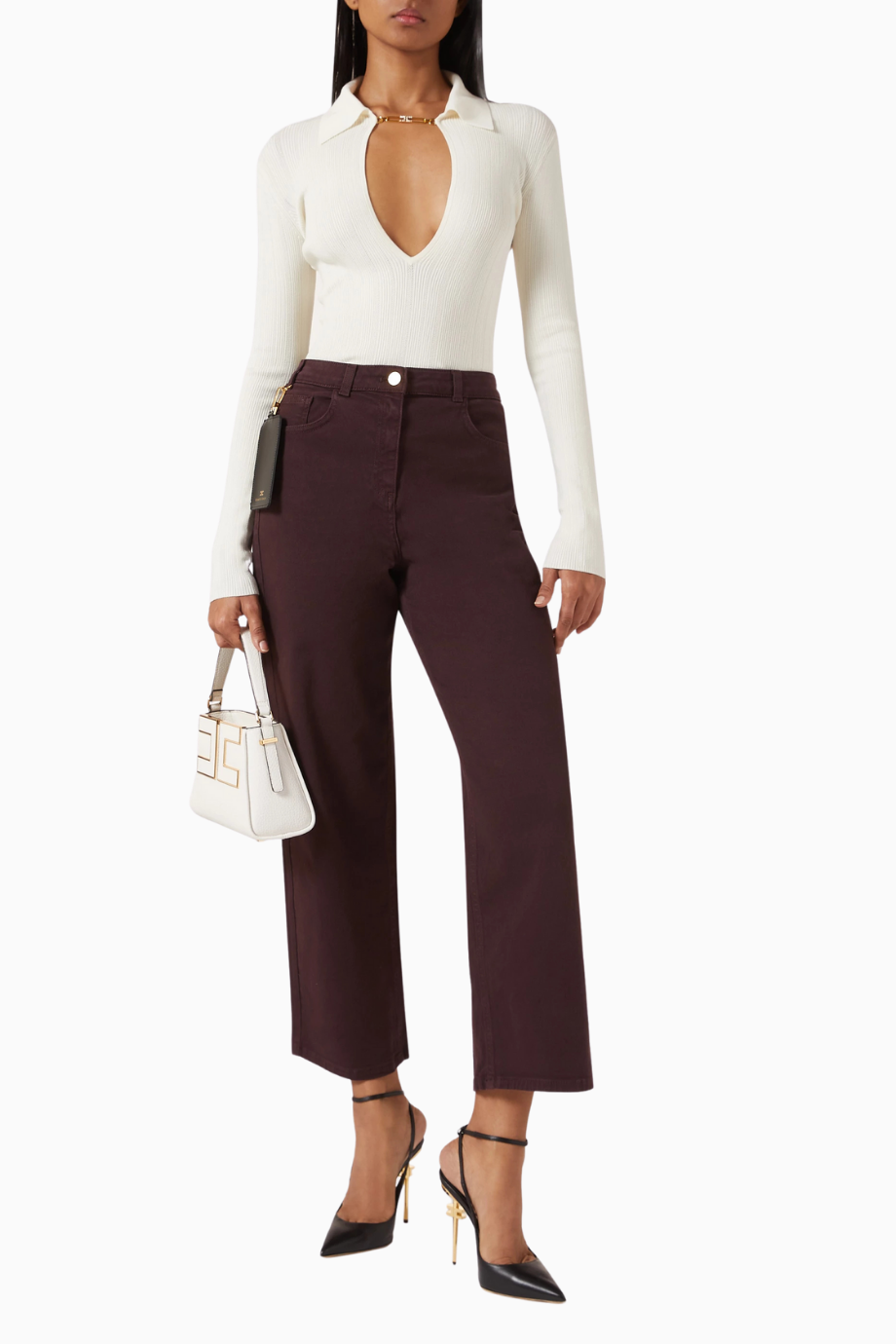 Ribbed Knit Top, Lüks V Yaka Polo Yaka Triko Bluz