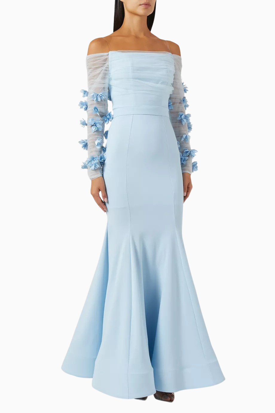 Off-Shoulder Çiçek Aplikeli Abiye