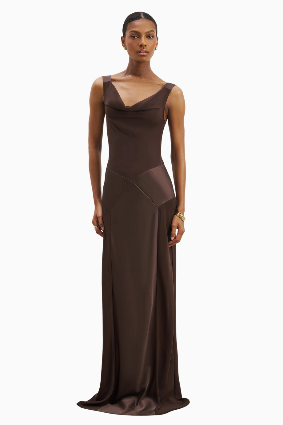 Cowl Neck Satin Panel Gown Draped Bias Cut Maxi Dress Kadın Elbise