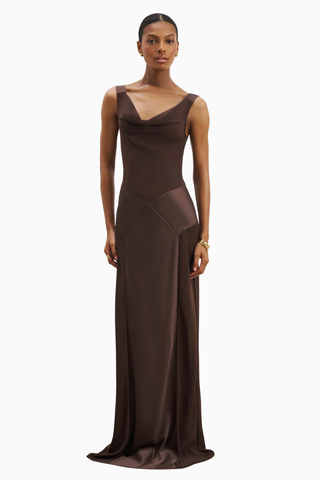 Cowl Neck Satin Panel Gown Draped Bias Cut Maxi Dress Kadın Elbise