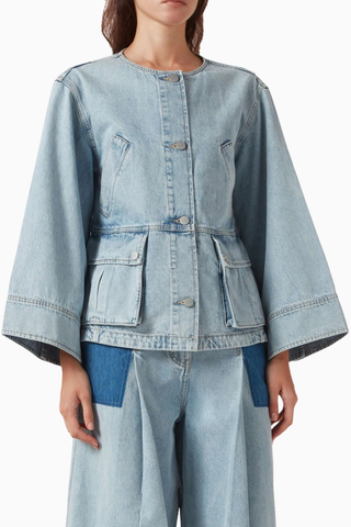 Yakasız Denim Kadın Trapez Ceket
