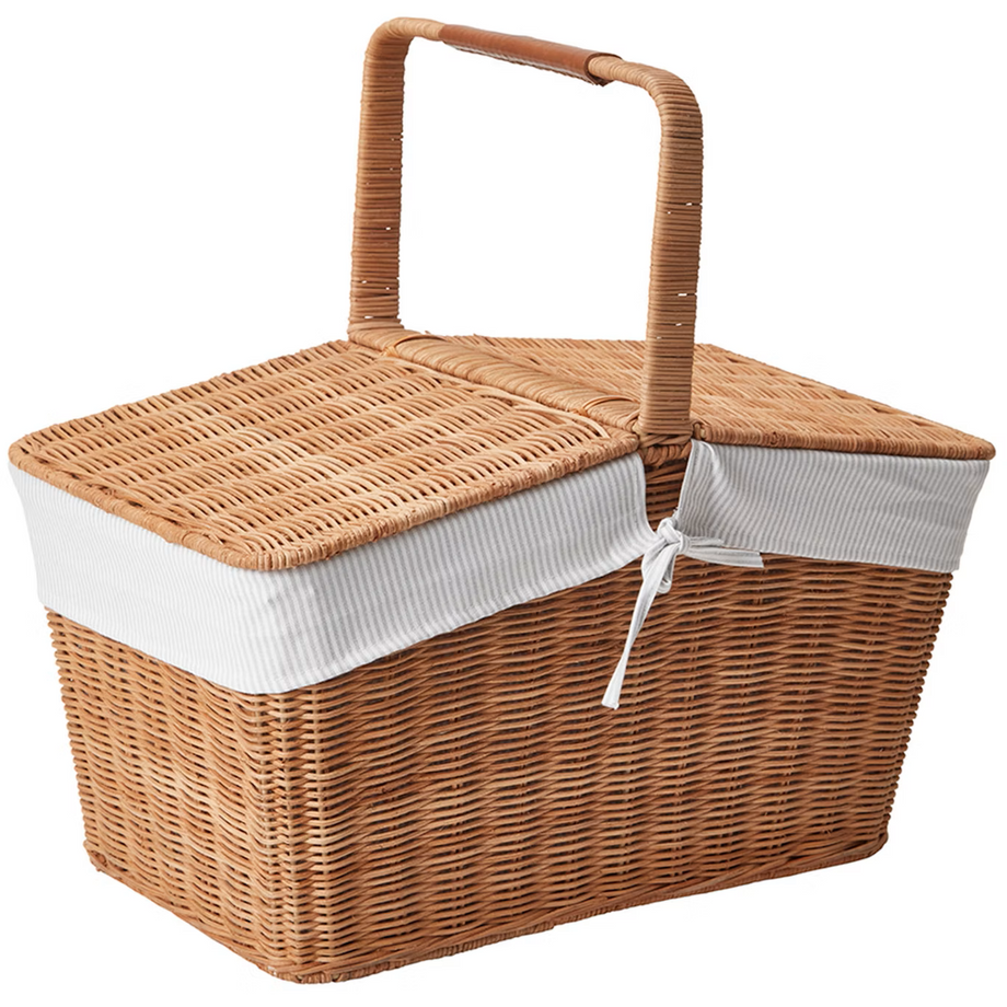 Rattan Piknik Sepeti Kapaklı ve Kulplu Oxford Kumaş Astar ile