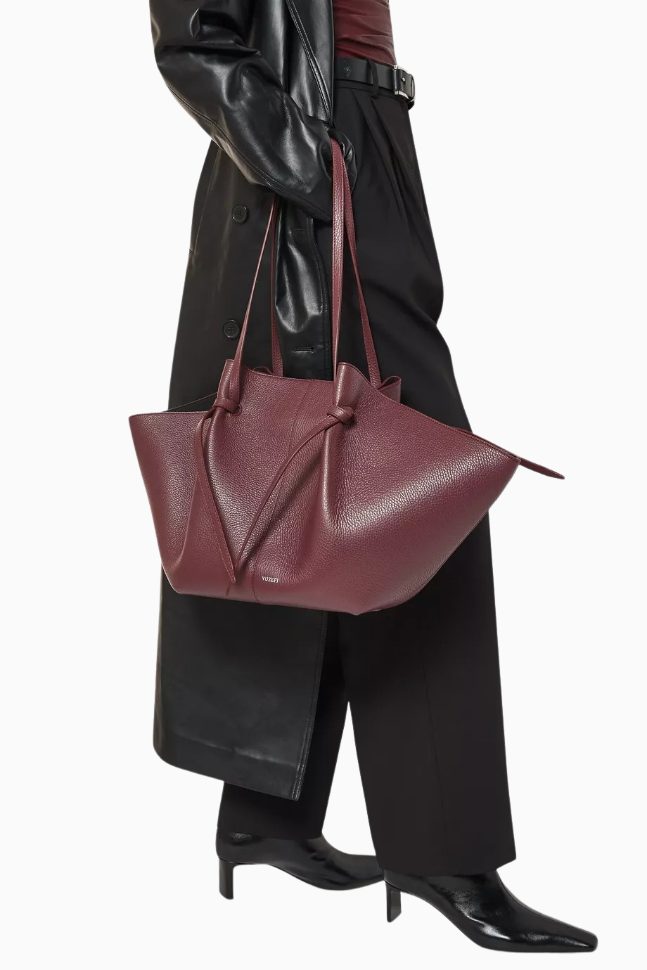 Large Mochi Bordo, Grained Deri Lüks Geniş Tote Omuz Çantası