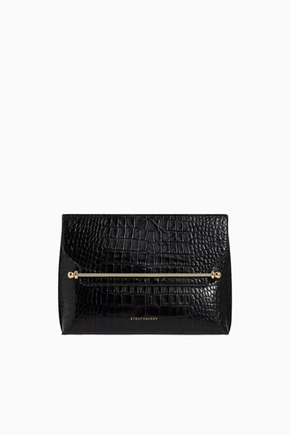 Stylist Crossbody Clutch Siyah Kroko Deri Lüks Çanta, Günlük ve Gece Kullanımı
