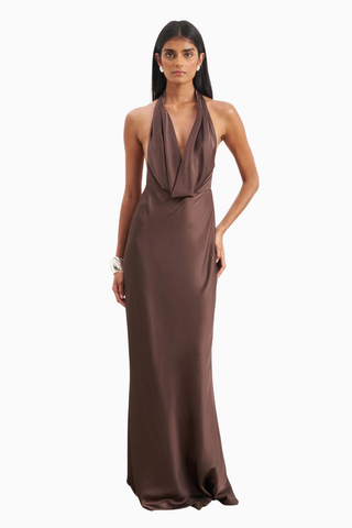Satin Plunging Cowl Neck Maxi Dress Kadın Elbise