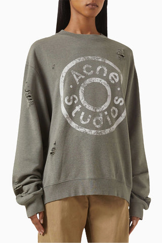 Organik Pamuk Karışımlı Yeşil Oversize Kazak - Yıpranmış Logo Detaylı, Crewneck Tasarım