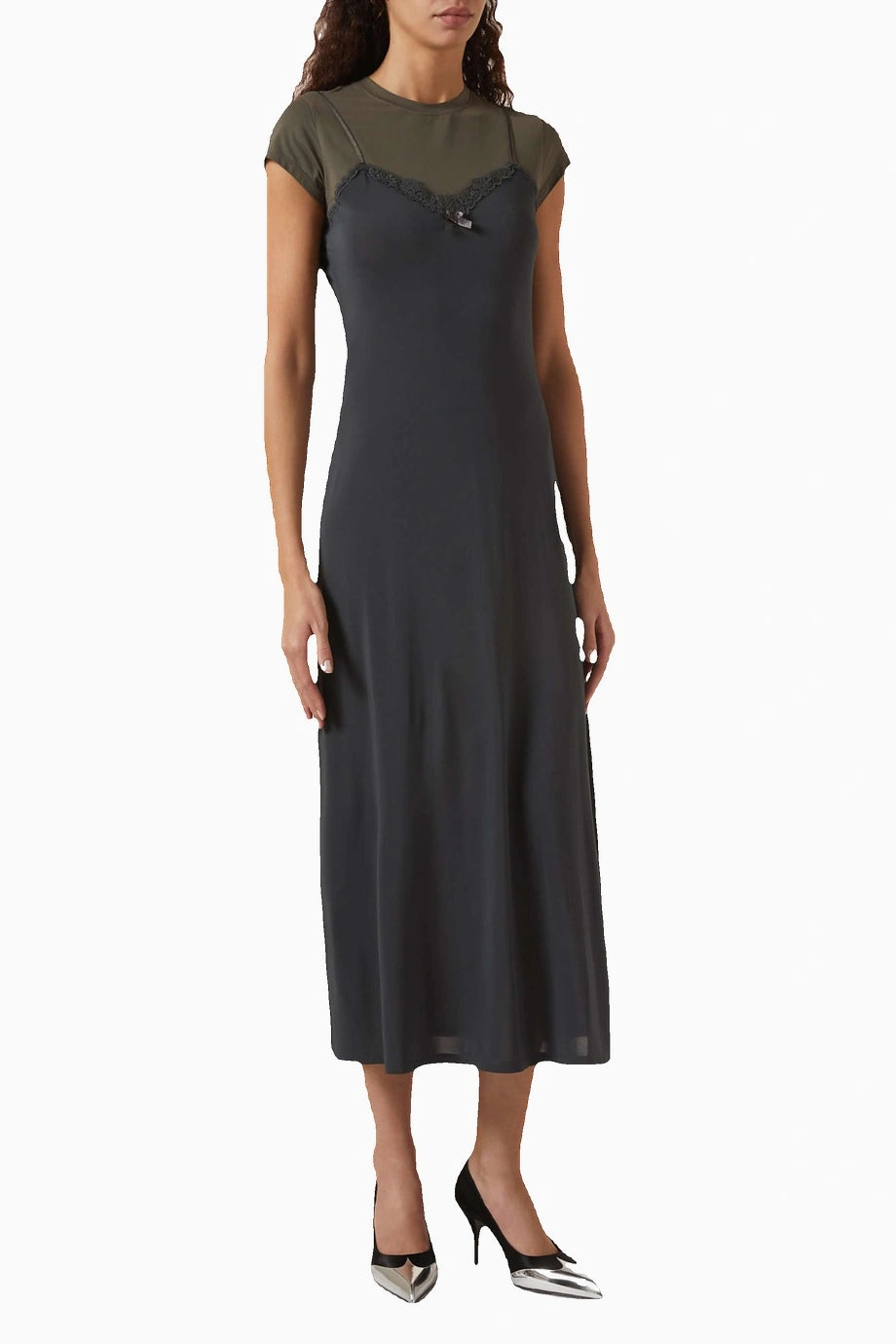 Gri Katmanlı Tişört Midi Elbise