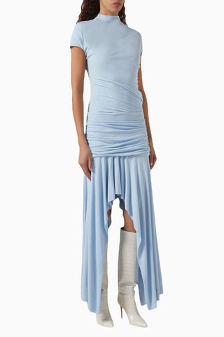 Asimetrik Elbise Açık Mavi Jarse Kumaş Modern Tasarım