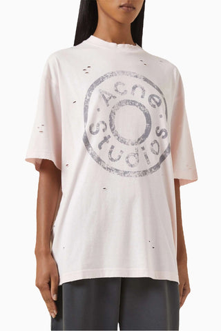 Distressed Logo Tişört Pembe Rahat Kesim