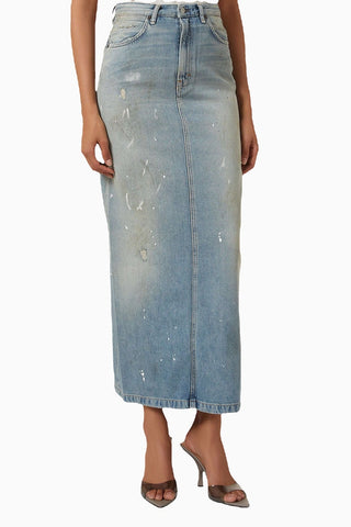 Açık Mavi Denim Etek Distressed Detaylı Rahat ve Şık