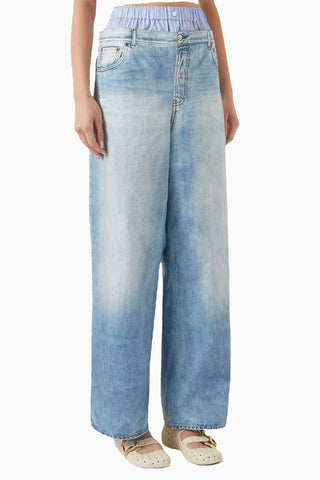 Açık Mavi Double Waistband Pantolon Rahat Geniş Bacak Tasarımı