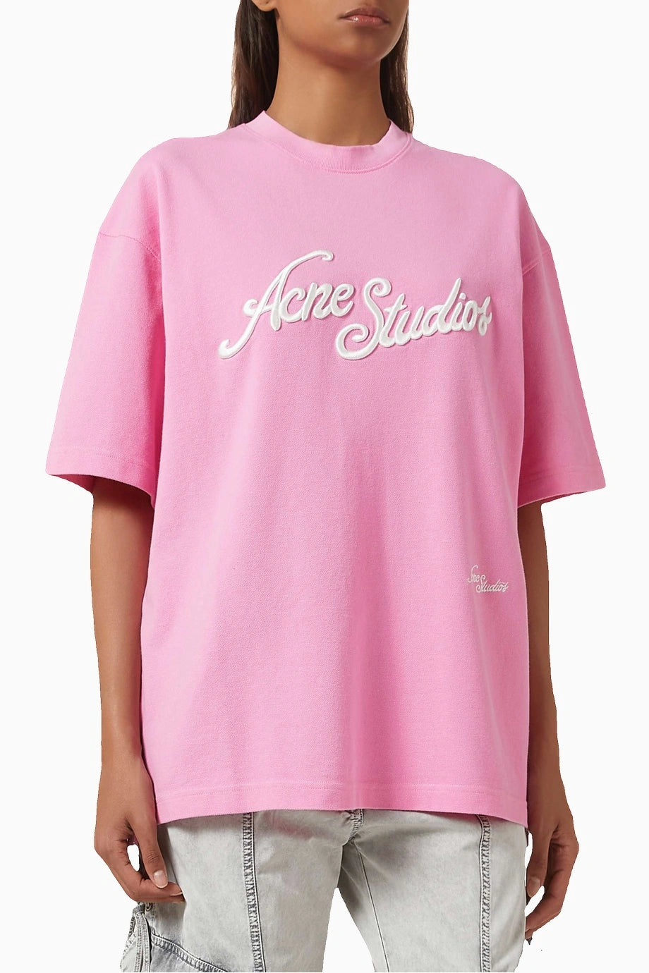 Pamuk T-Shirt Pembe 3D Logo Nakışlı, Rahat Kesim, Vintage Görünüm