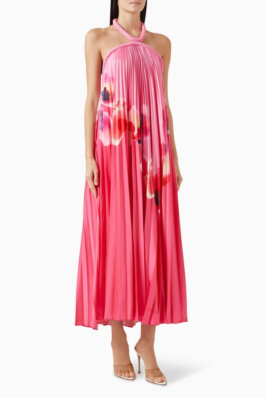 Fixby Pileli Maxi Kadın Elbise Orkide Desenli Halter Yaka