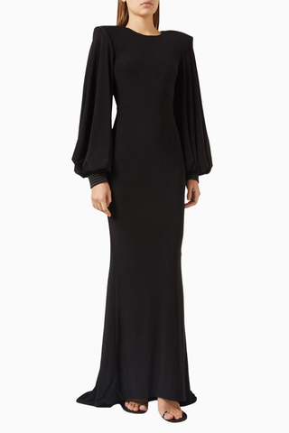 The Tower Gown, Güçlü Omuzlu ve Akışkan Kesimli Uzun Gece Elbisesi