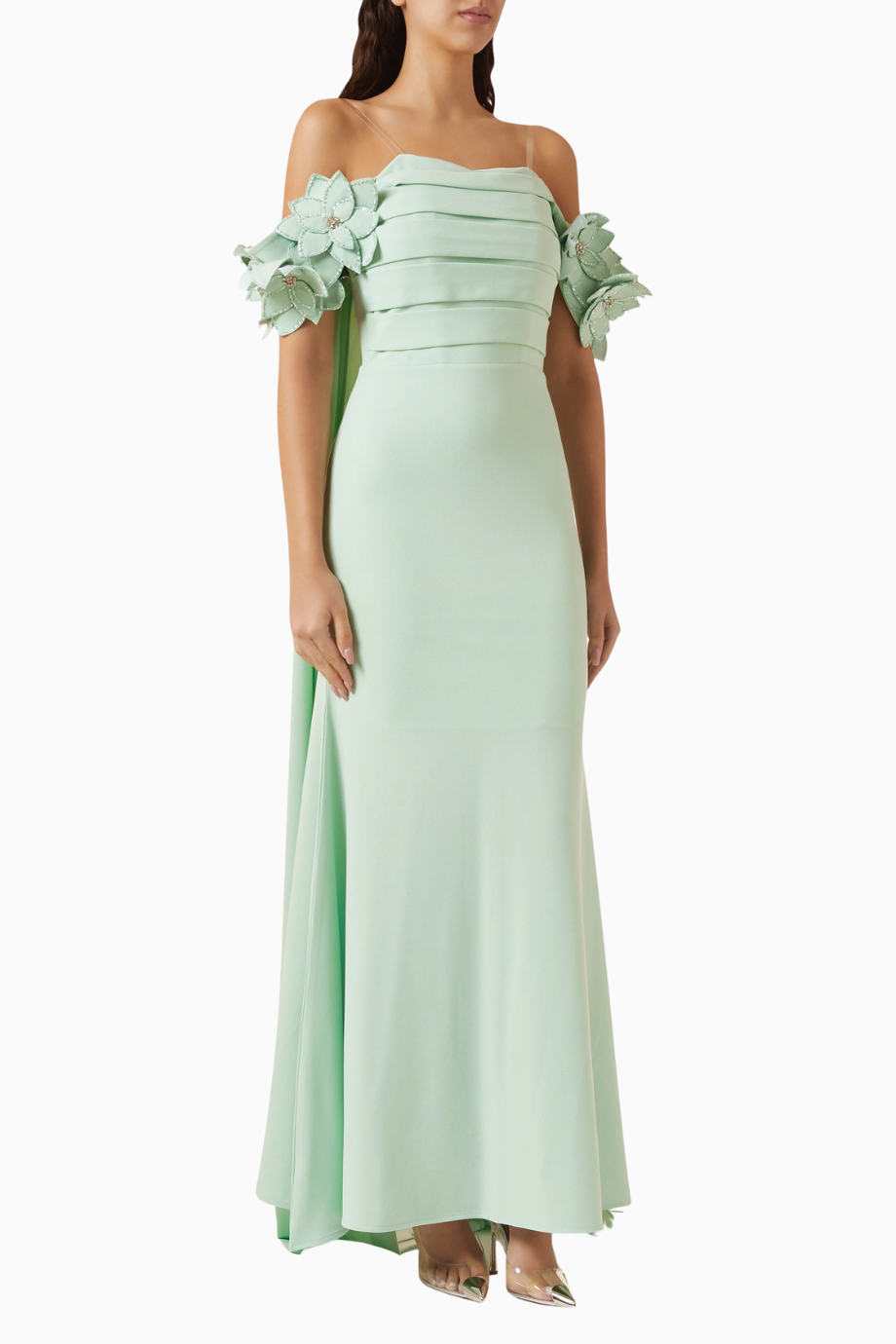 Off-shoulder Cape-style  Çiçek İşlemeli Maxi Kadın Elbise