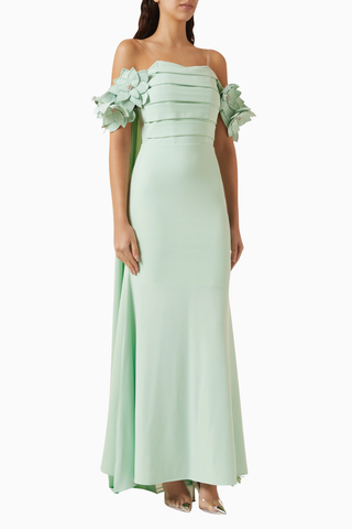 Off-shoulder Cape-style  Çiçek İşlemeli Maxi Kadın Elbise