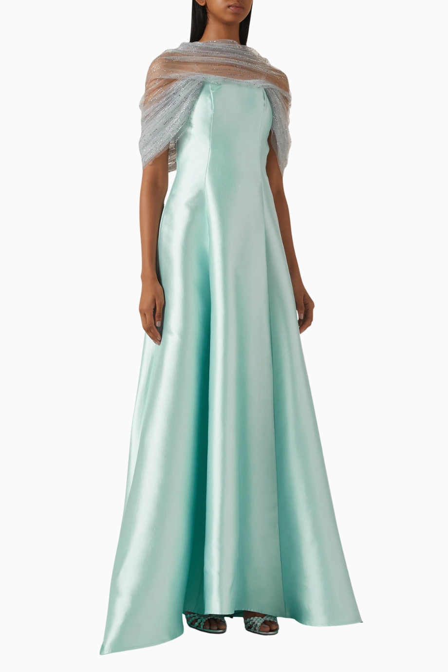 Crystal-embellished Cape Yeşil Pelerinli Maxi Kadın Elbise