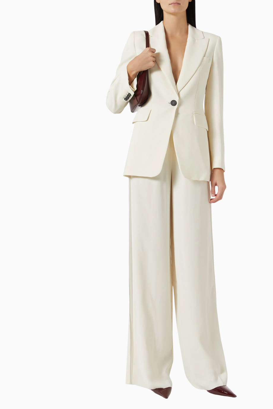 Kelly Saten Crepe Blazer, Beyaz, Tek Düğmeli ve Yapısal Şık Tasarım
