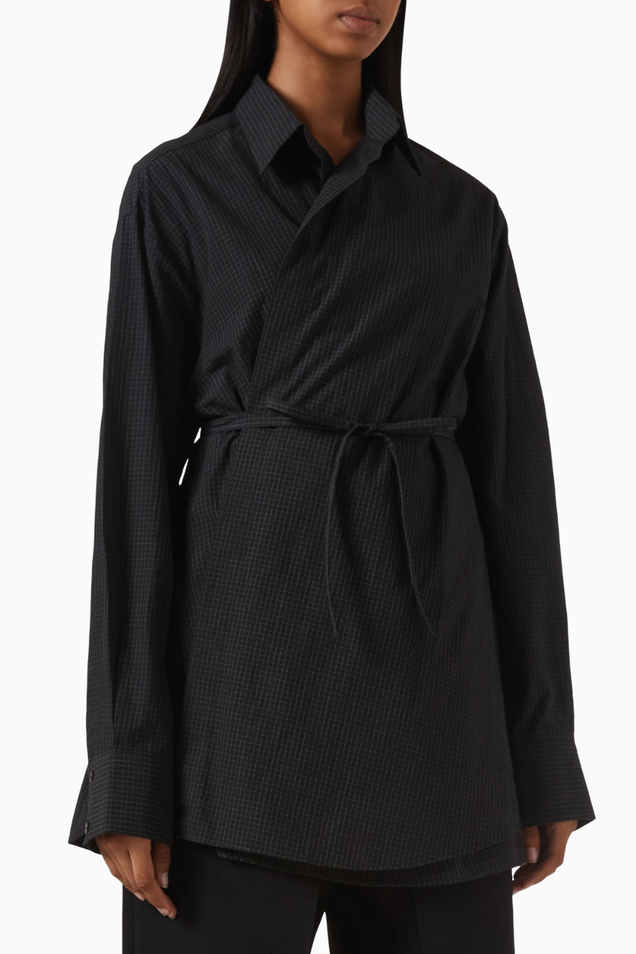 Yasmine Tie-up Shirt, Siyah Pamuk Oversize Bel Bağlamalı Gömlek