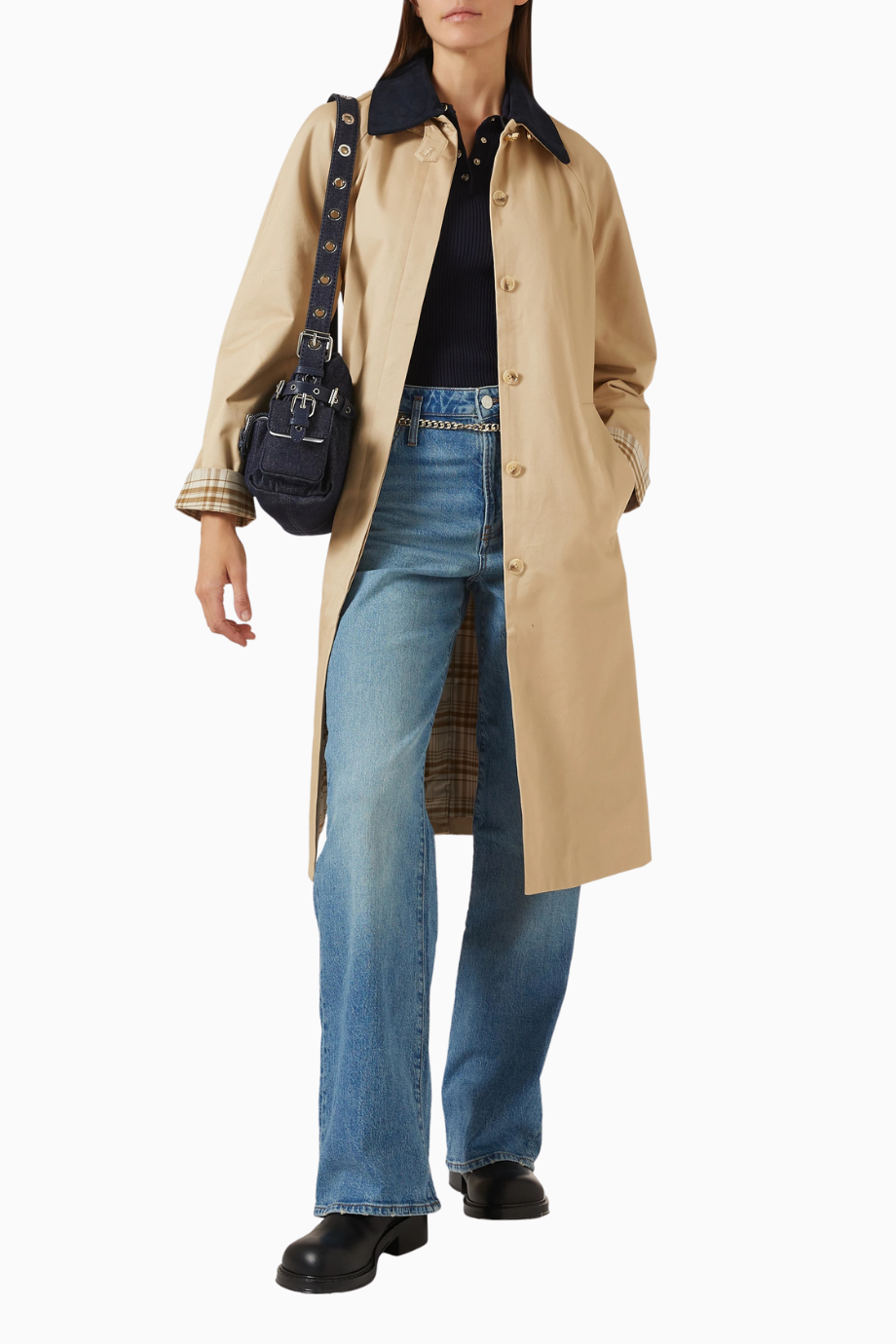 Pamuk Kemerli Palto, Ekose Mansetli ve Çıkarılabilir Yakalı Şık Model