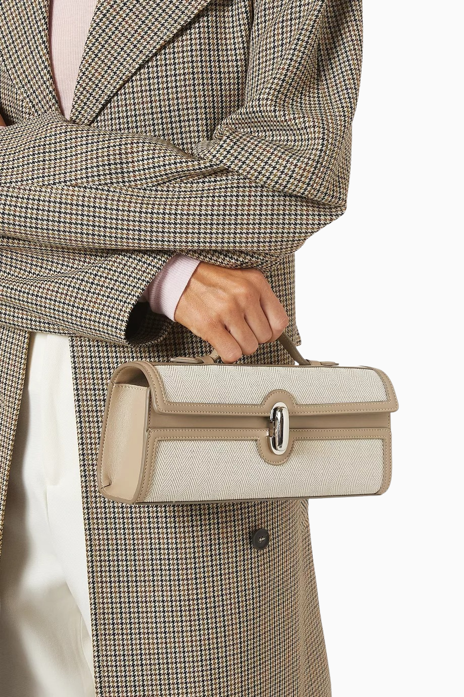 Slim Symmetry Açık Gri Keten ve Deri Top-handle, Lüks El Çantası