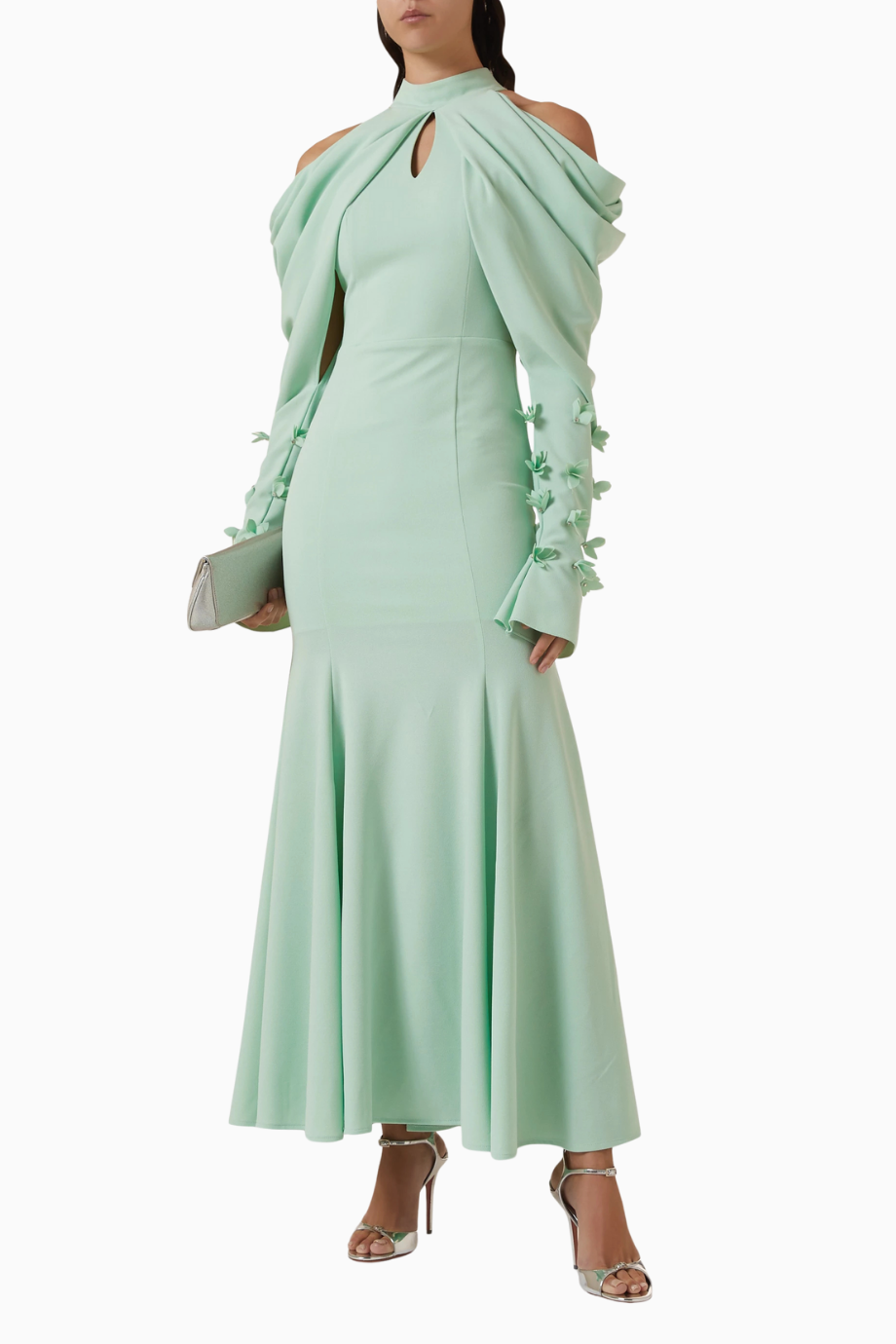 Draped Off-shoulder Omuz Açık Çiçek Aplikeli Maxi Kadın Elbise